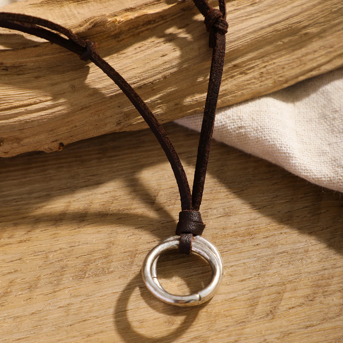 Men's Adjustable Rope Necklace with Vintage Circle Ring