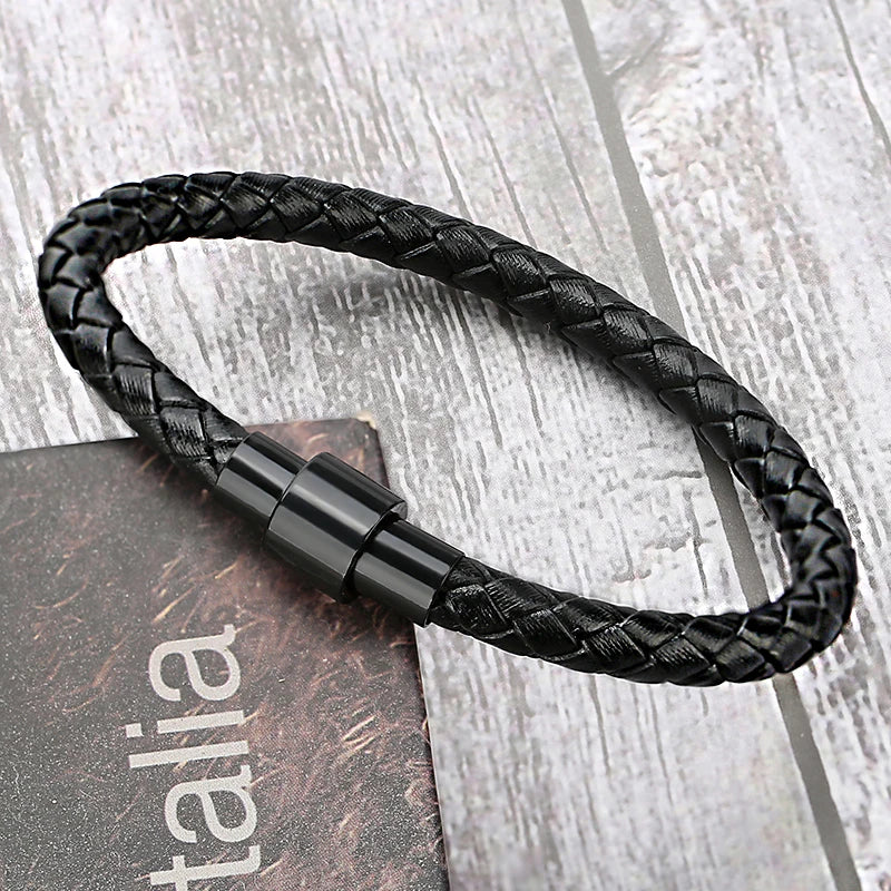 Mirbow Nero Cuff – 6mm Braided Leather Bracelet with Magnetic Clasp
