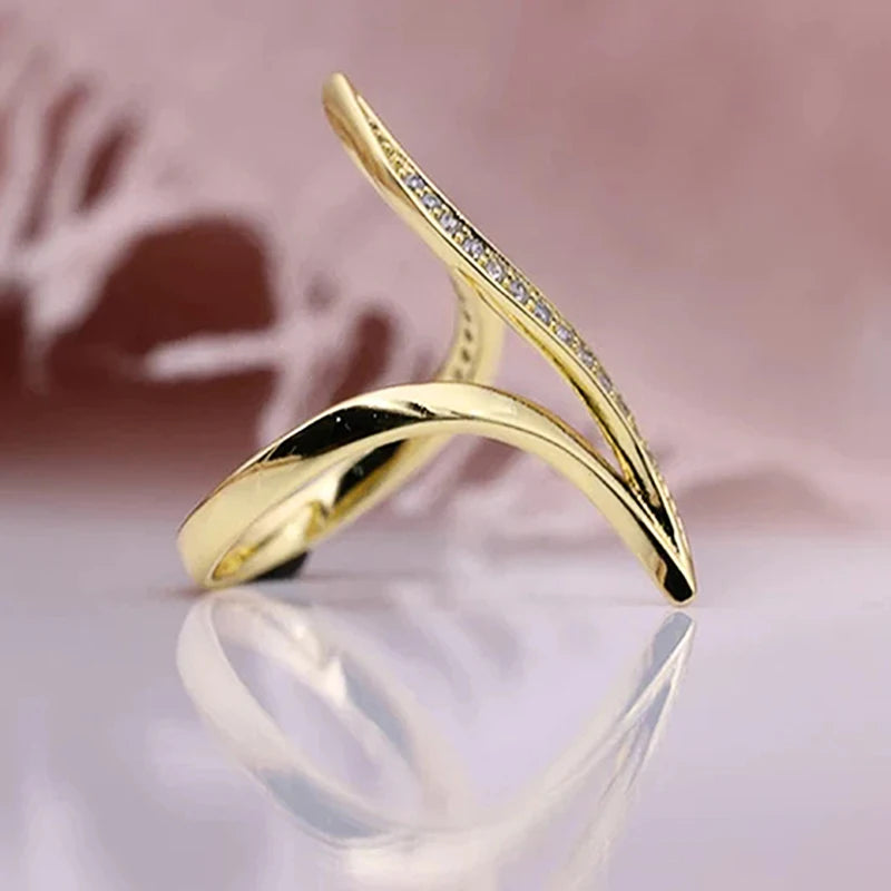 Huitan Minimalist Gold-Tone CZ Ring – Elegant Geometric Design for Women
