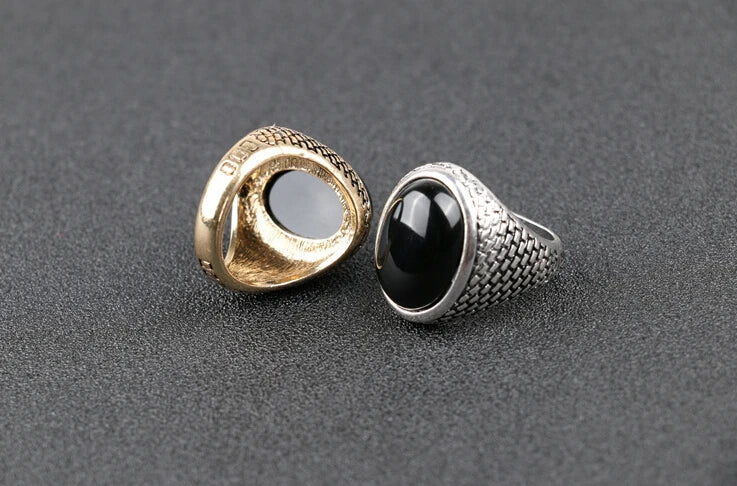Vintage Black Stone Men’s Ring – Oval Shape, Rhodium-Plated Zinc Alloy, Party & Wedding Band