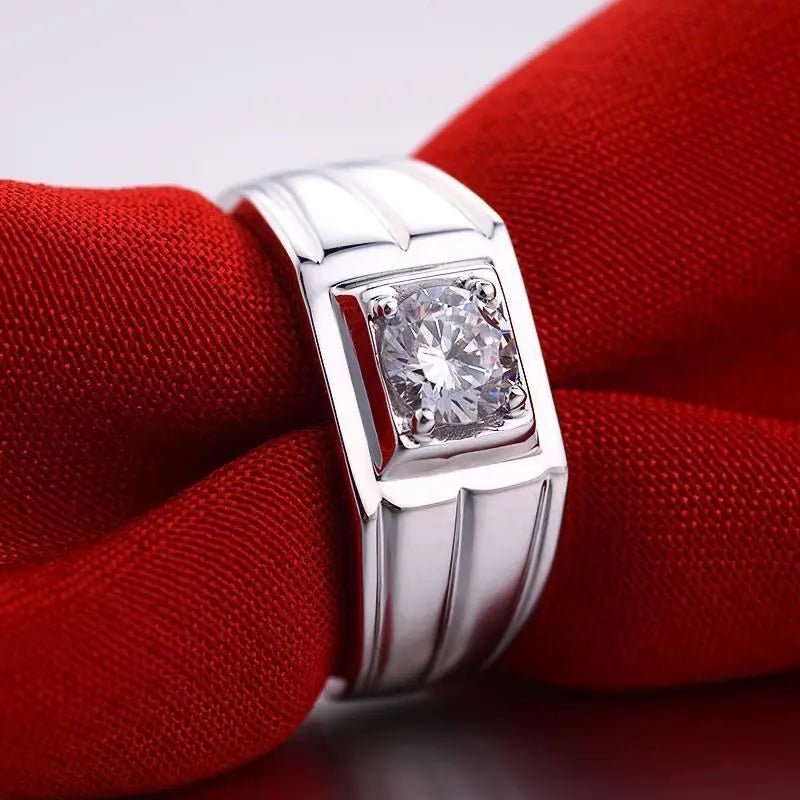 Classic Sterling Silver Men's Engagement Ring with Diamond Accent