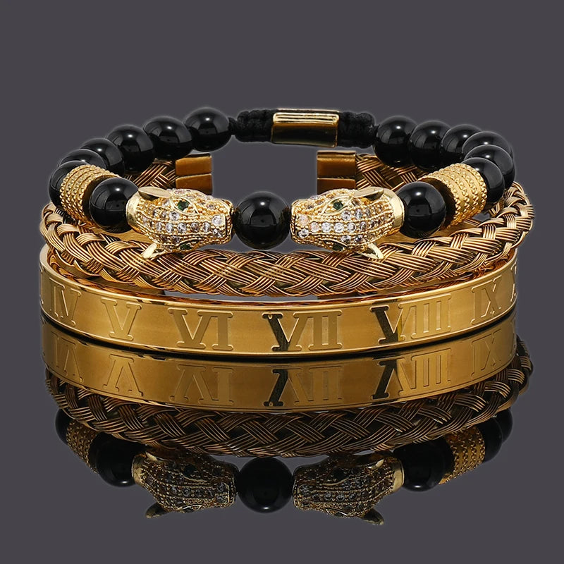 Imperium Bracelet Set – Black Beads, Leopard Head & Roman Numeral Bangles