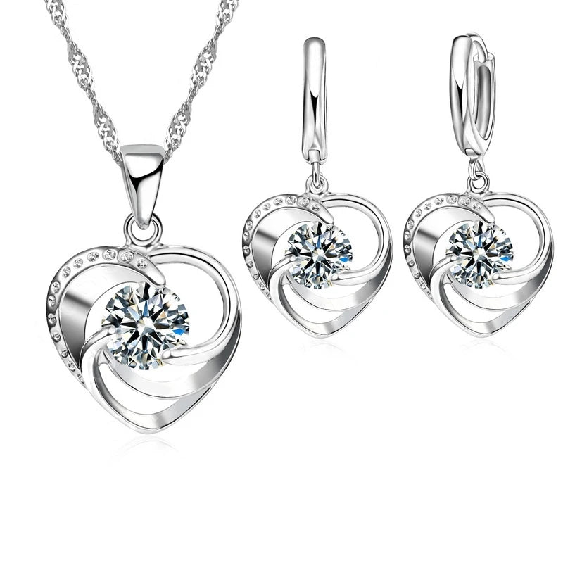 925 Sterling Silver Heart Necklace & Earrings Set