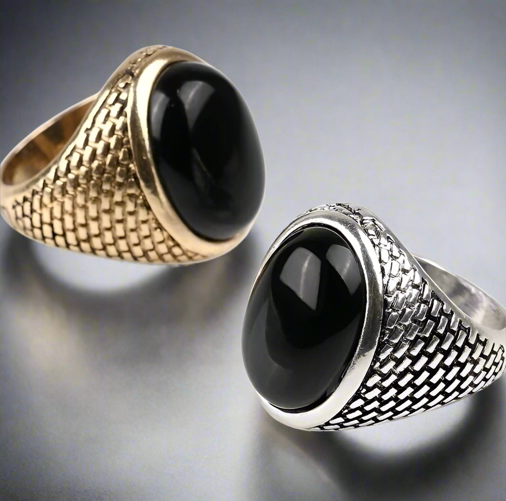Vintage Black Stone Men’s Ring – Oval Shape, Rhodium-Plated Zinc Alloy, Party & Wedding Band