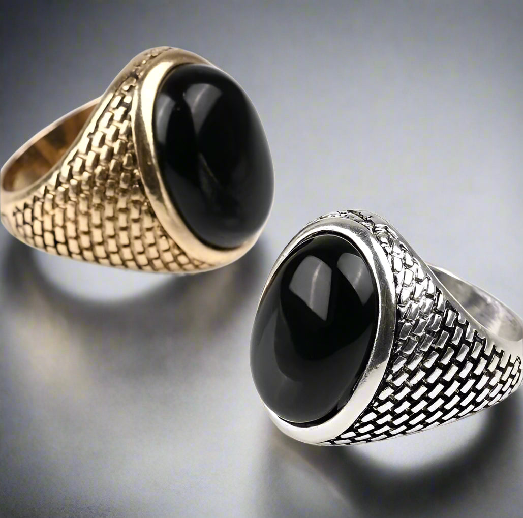 Vintage Black Stone Men’s Ring – Oval Shape, Rhodium-Plated Zinc Alloy, Party & Wedding Band