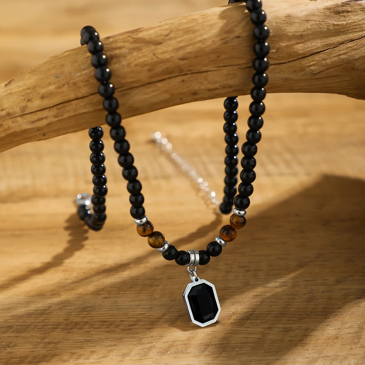 Unisex Black Beaded Necklace with Square Pendant