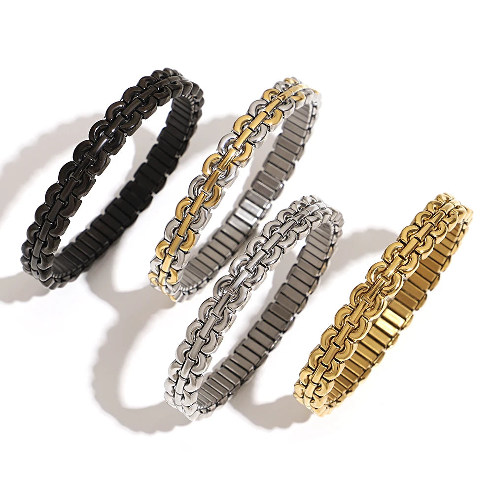 Stainless Steel Semi-Circular Link Bracelet – Two-Tone & Mono-Tone Bangle for Women