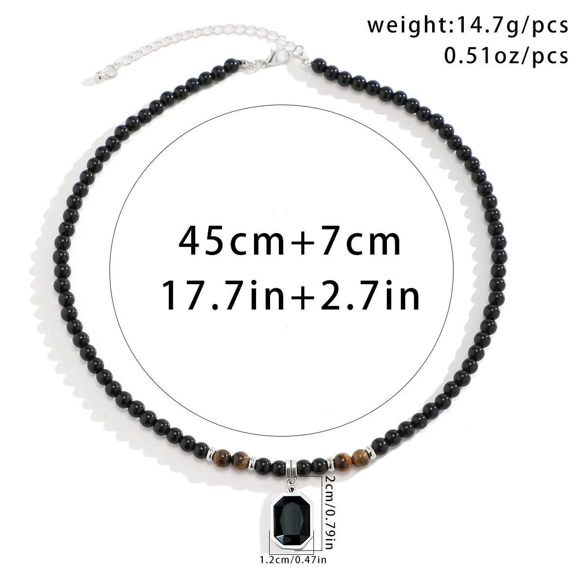 Unisex Black Beaded Necklace with Square Pendant