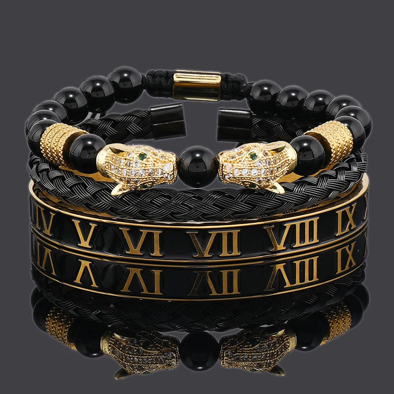 Imperium Bracelet Set – Black Beads, Leopard Head & Roman Numeral Bangles