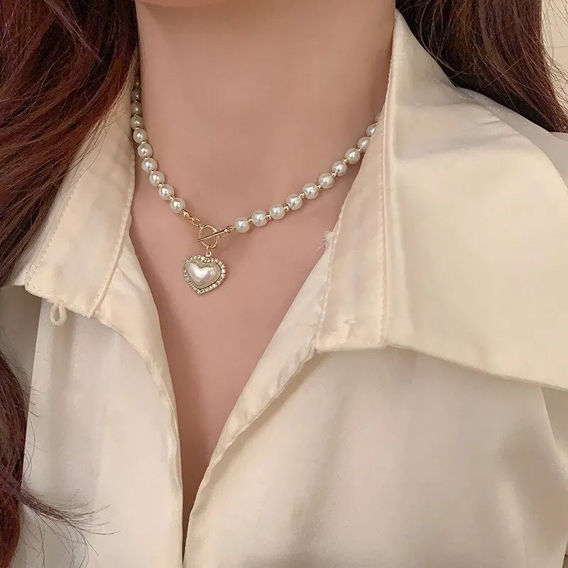 Elegant Pearl Necklace with Heart Pendant