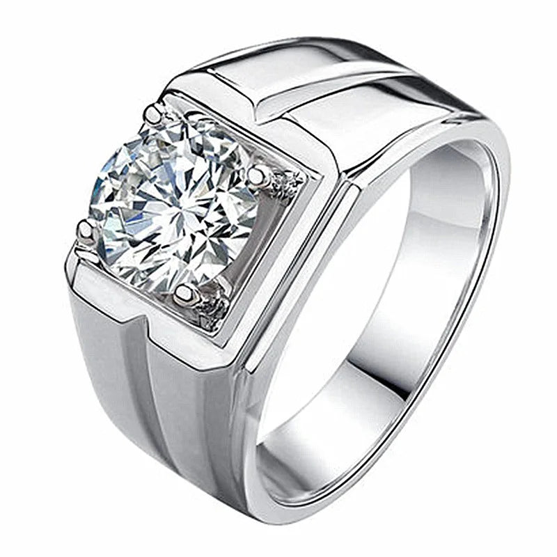 Classic Sterling Silver Men's Engagement Ring with Diamond Accent