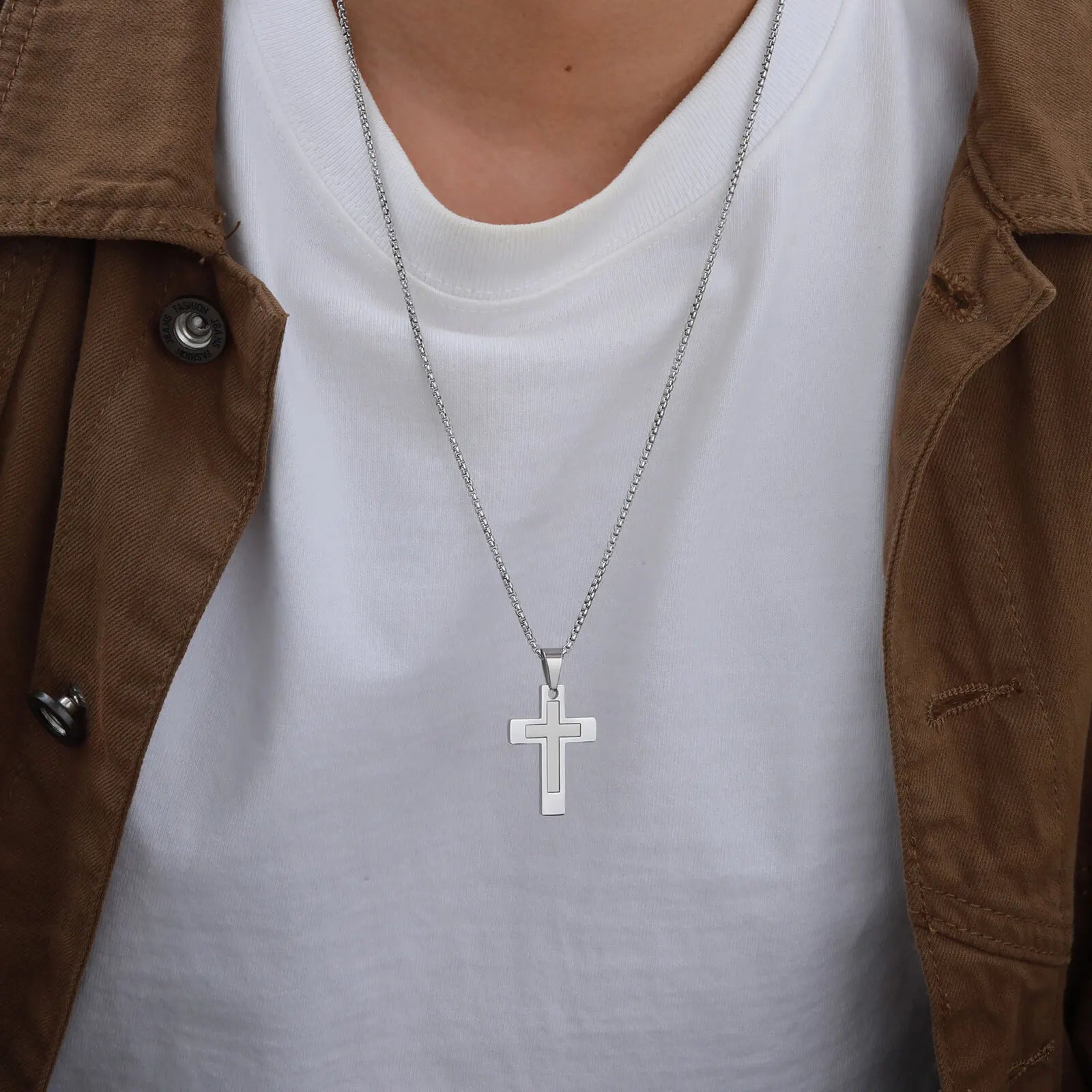 Sanctis Cross Necklace – Silver Stainless Steel Pendant for Men