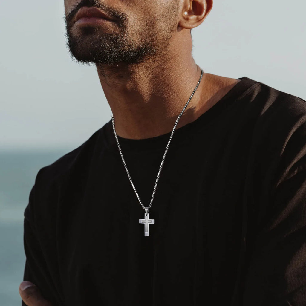 Sanctis Cross Necklace – Silver Stainless Steel Pendant for Men