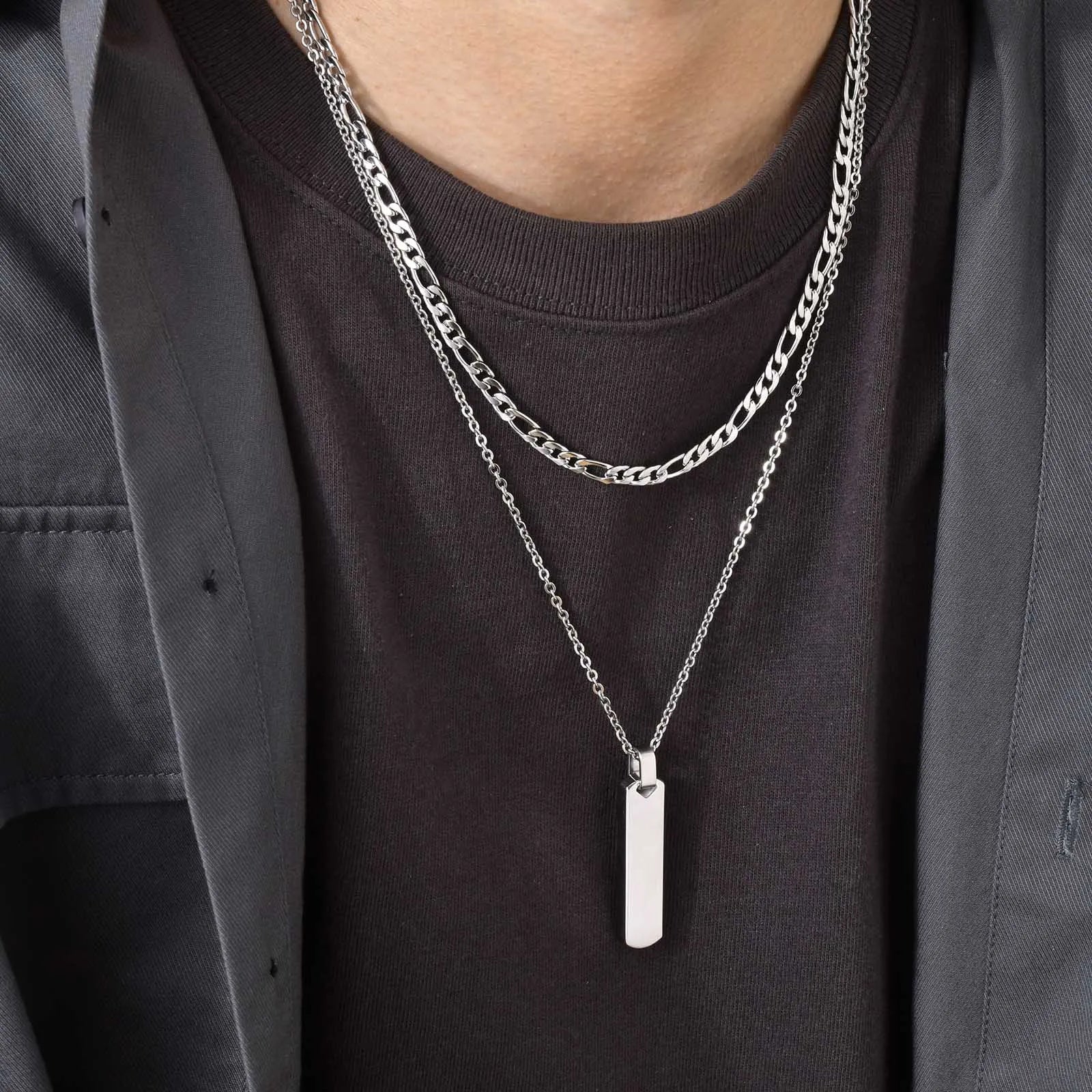 Vertical Bar Pendant Necklace Set – Stainless Steel