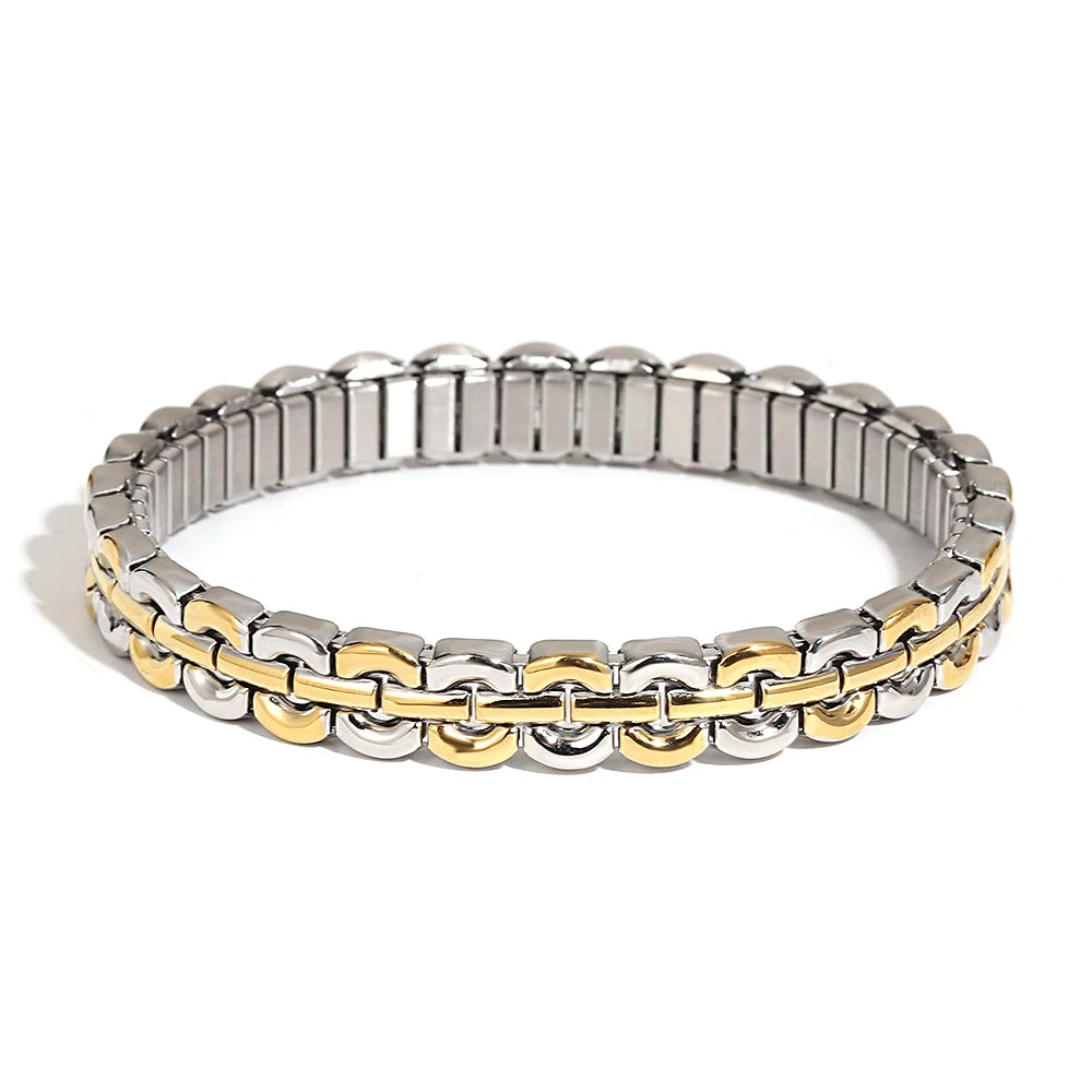Stainless Steel Semi-Circular Link Bracelet – Two-Tone & Mono-Tone Bangle for Women