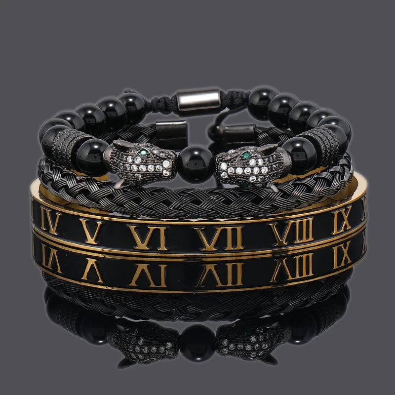Imperium Bracelet Set – Black Beads, Leopard Head & Roman Numeral Bangles