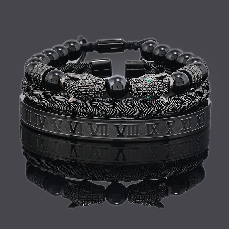 Imperium Bracelet Set – Black Beads, Leopard Head & Roman Numeral Bangles