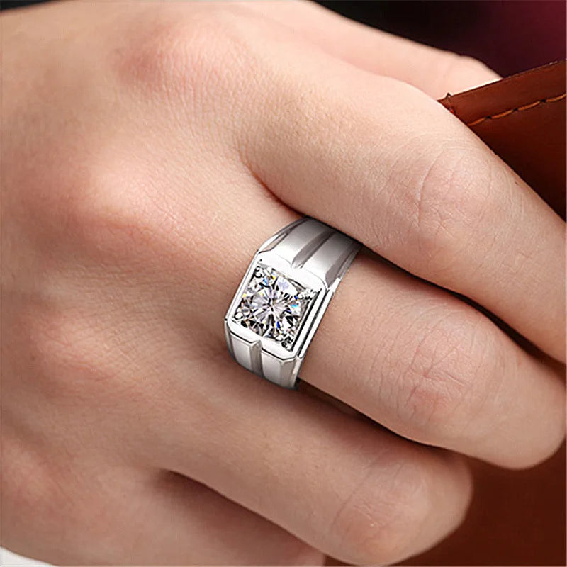 Classic Sterling Silver Men's Engagement Ring with Diamond Accent