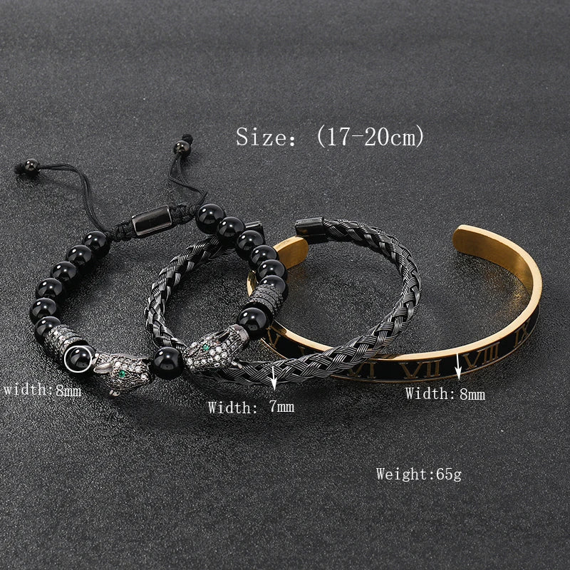 Imperium Bracelet Set – Black Beads, Leopard Head & Roman Numeral Bangles