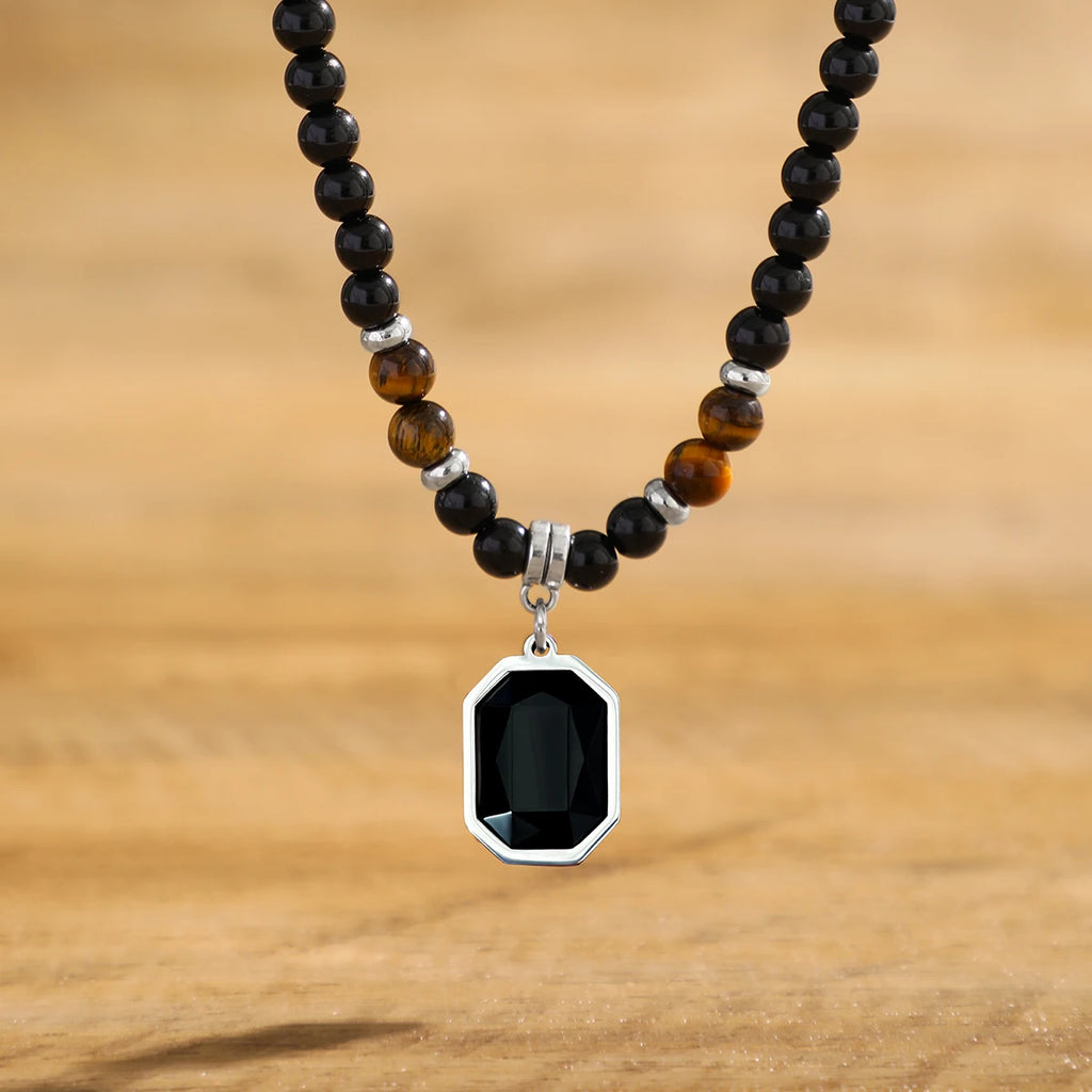Unisex Black Beaded Necklace with Square Pendant