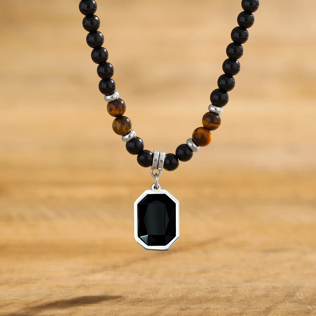 Unisex Black Beaded Necklace with Square Pendant