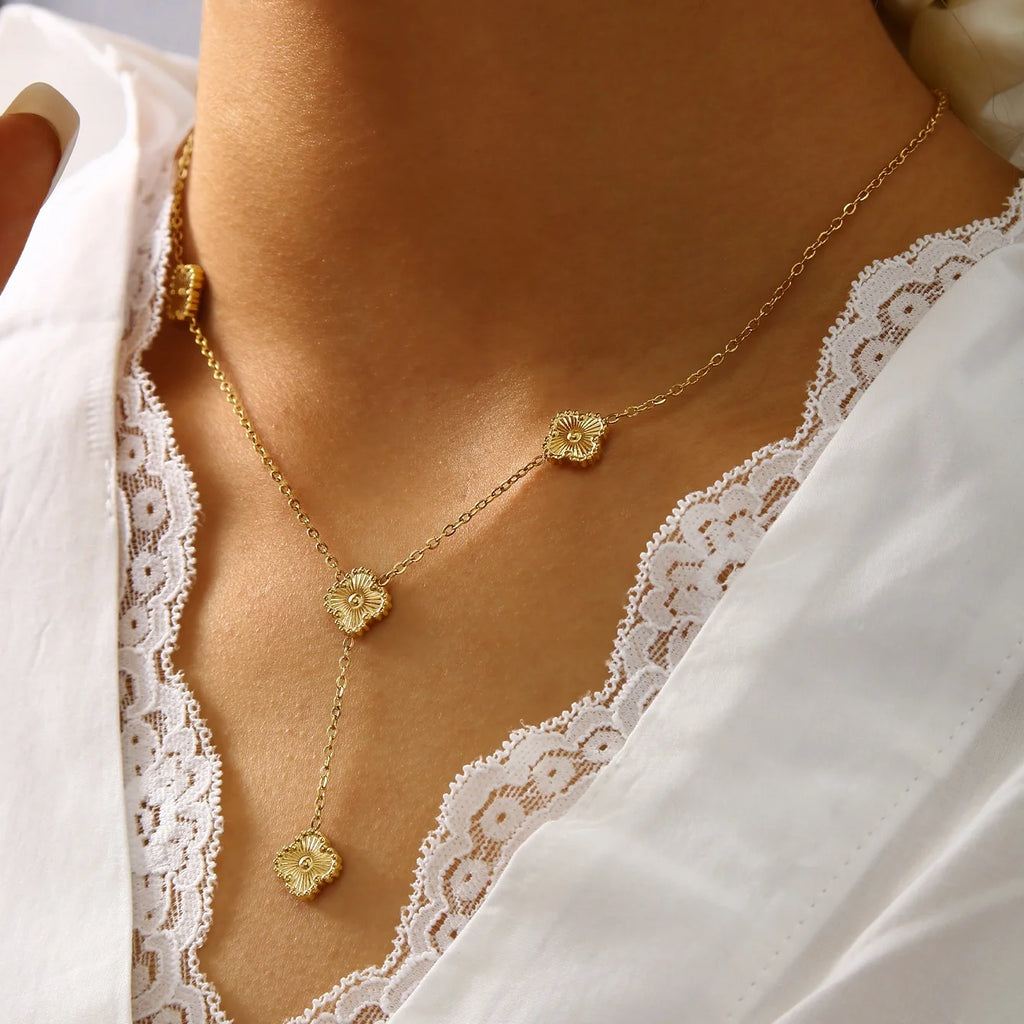 18K Gold-Plated Five-Leaf Clover Y-Necklace for Women