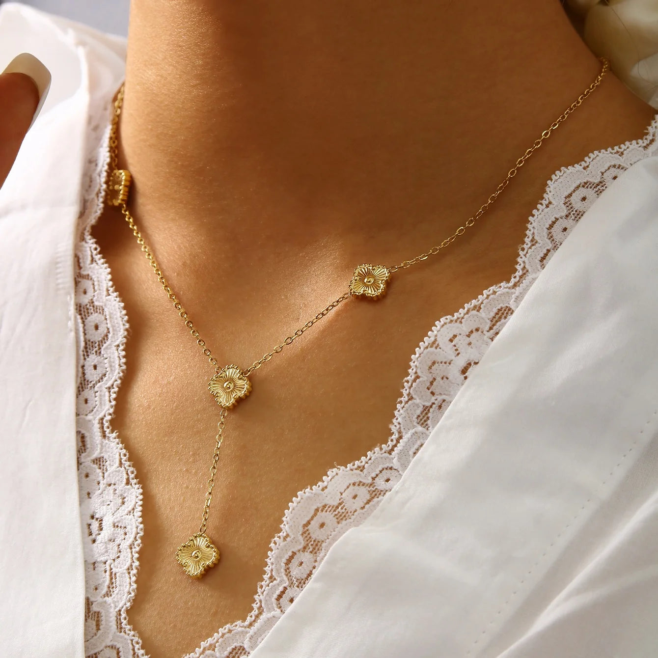 18K Gold-Plated Five-Leaf Clover Y-Necklace for Women