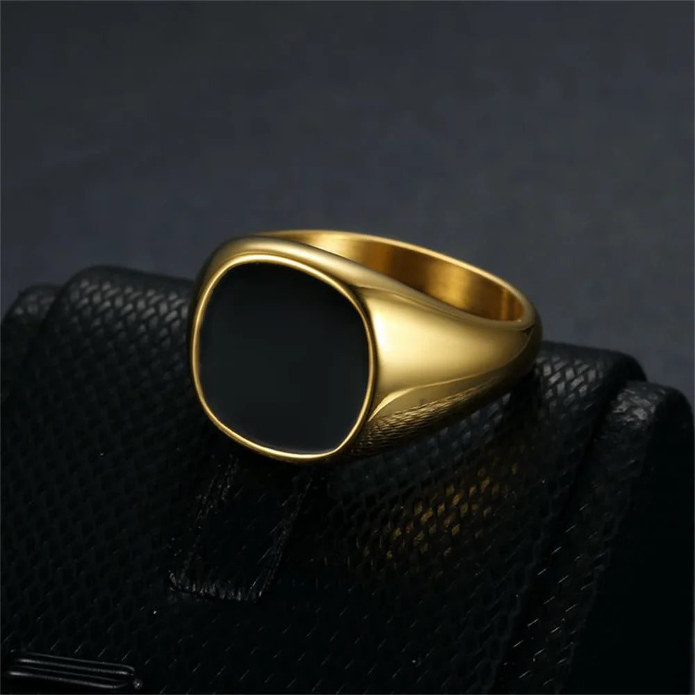 Gold-Tone Square Signet Ring – Black Inlay for Men