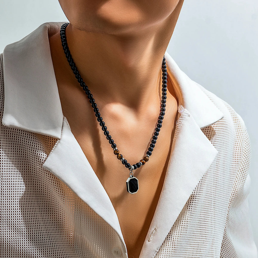 Unisex Black Beaded Necklace with Square Pendant