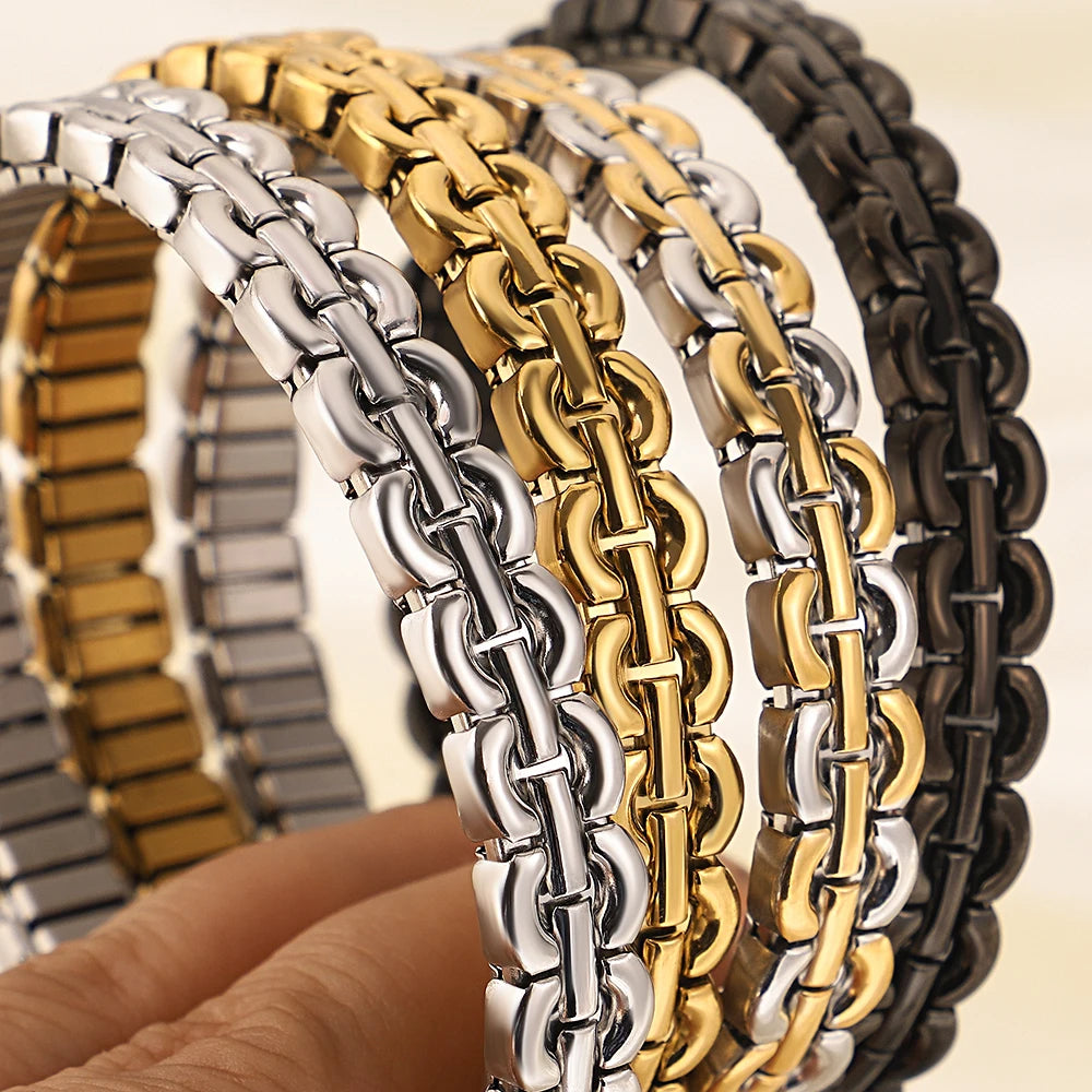 Stainless Steel Semi-Circular Link Bracelet – Two-Tone & Mono-Tone Bangle for Women