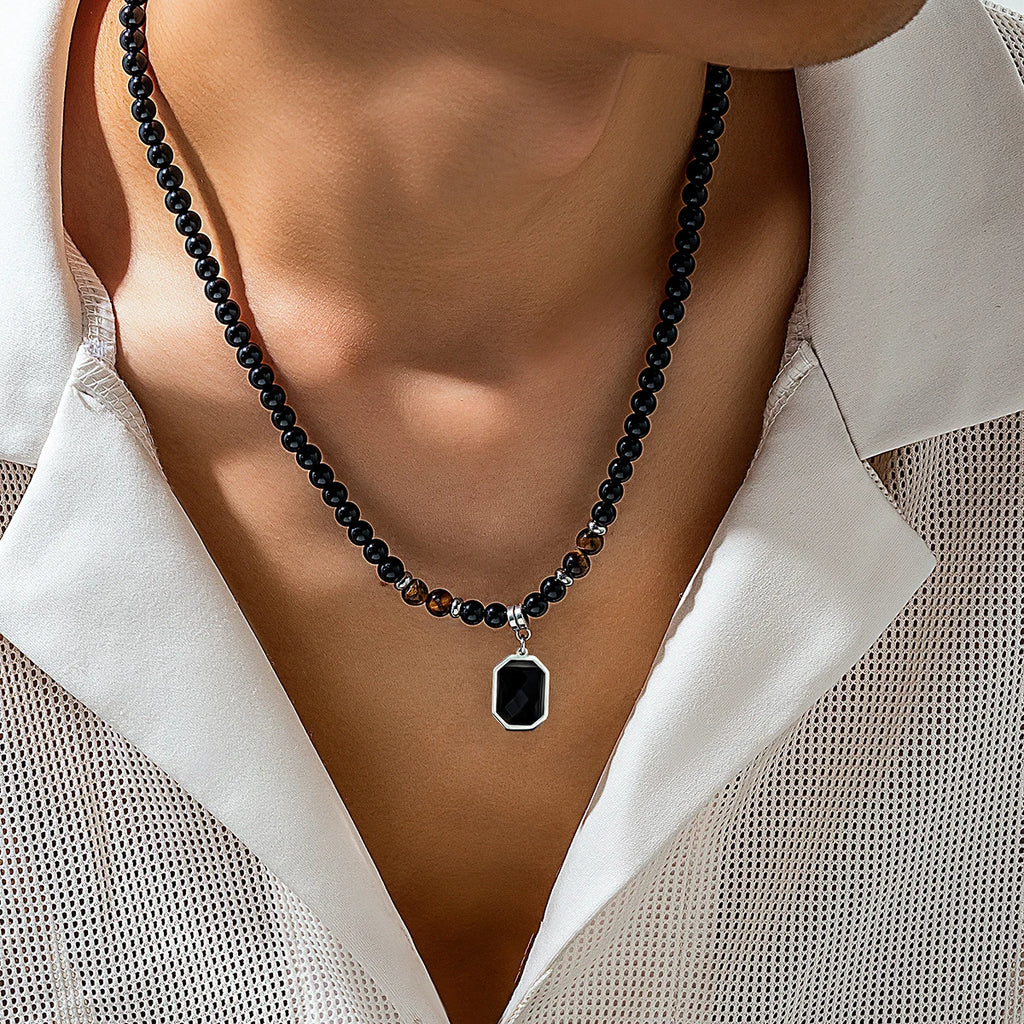 Unisex Black Beaded Necklace with Square Pendant