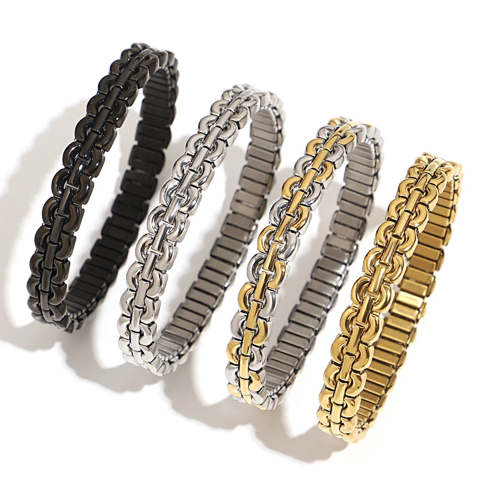 Stainless Steel Semi-Circular Link Bracelet – Two-Tone & Mono-Tone Bangle for Women