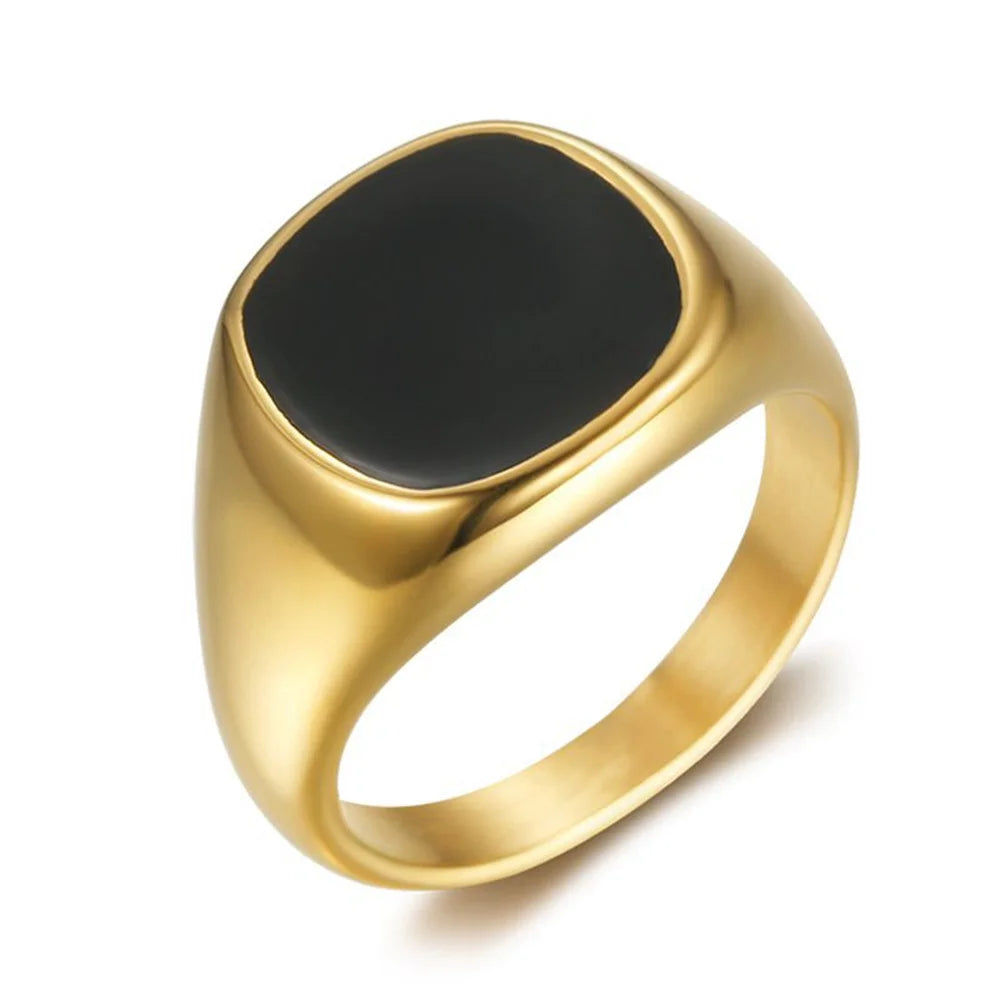 Gold-Tone Square Signet Ring – Black Inlay for Men
