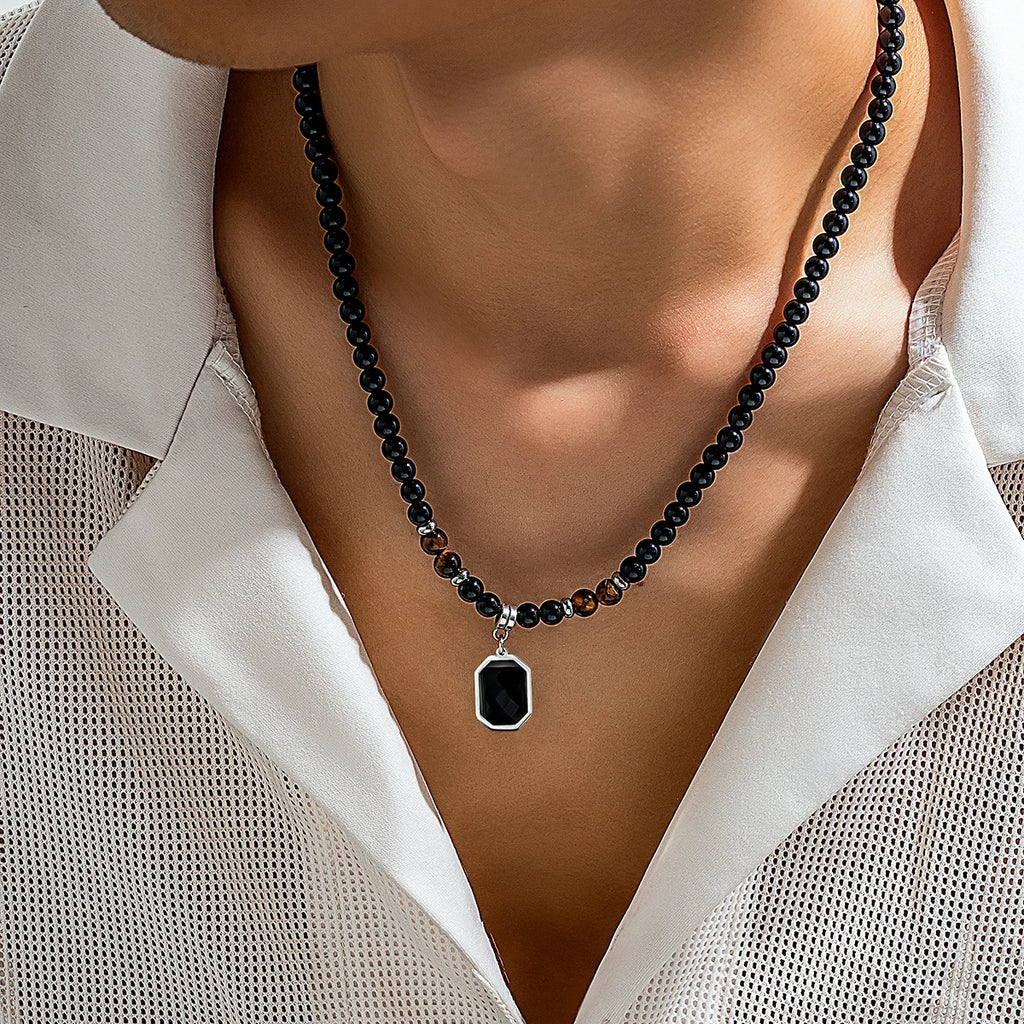 Unisex Black Beaded Necklace with Square Pendant