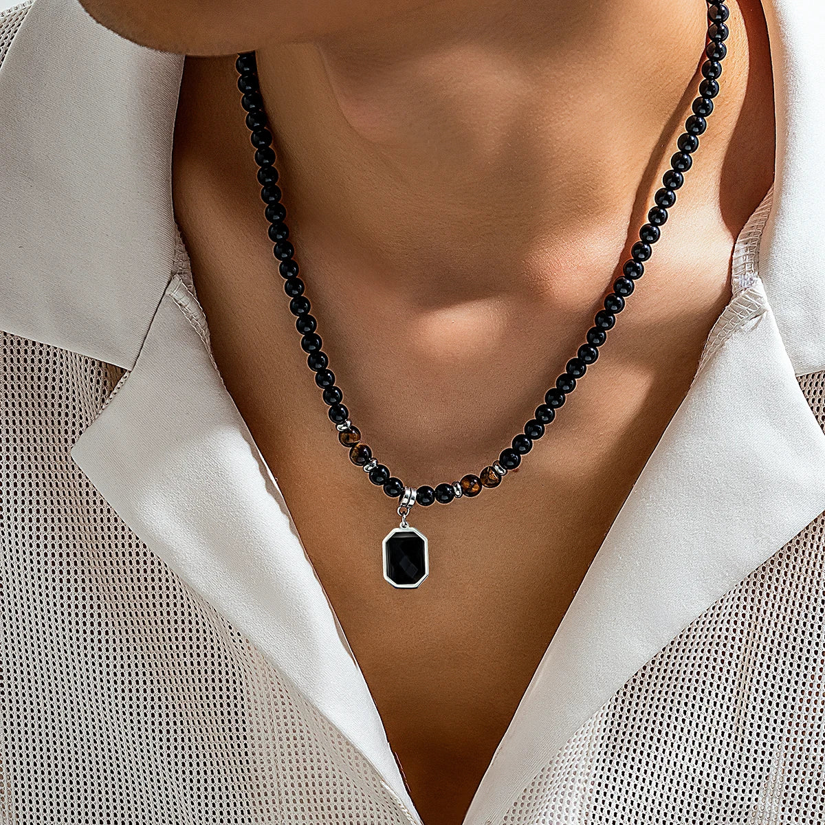 Unisex Black Beaded Necklace with Square Pendant