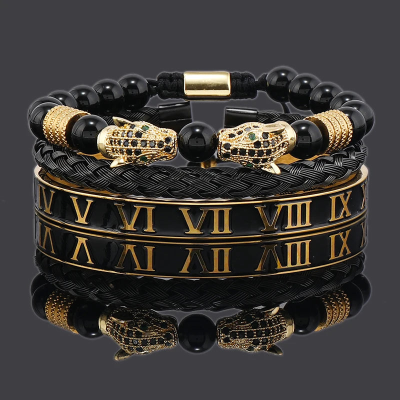 Imperium Bracelet Set – Black Beads, Leopard Head & Roman Numeral Bangles