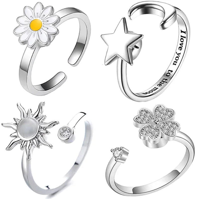 Rotating Flower Ring – Adjustable Silver-Tone (Set of 2)