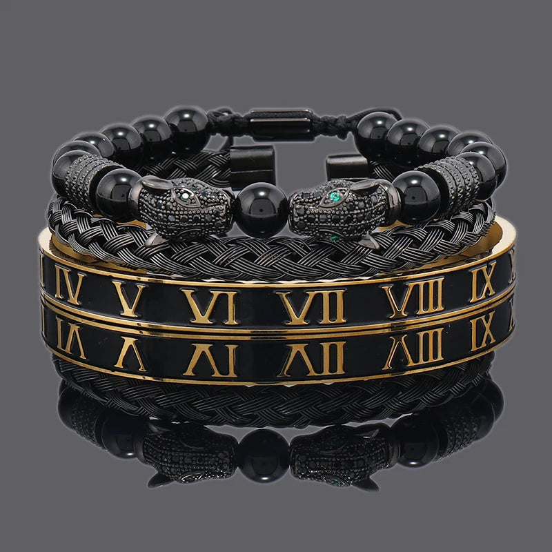Imperium Bracelet Set – Black Beads, Leopard Head & Roman Numeral Bangles