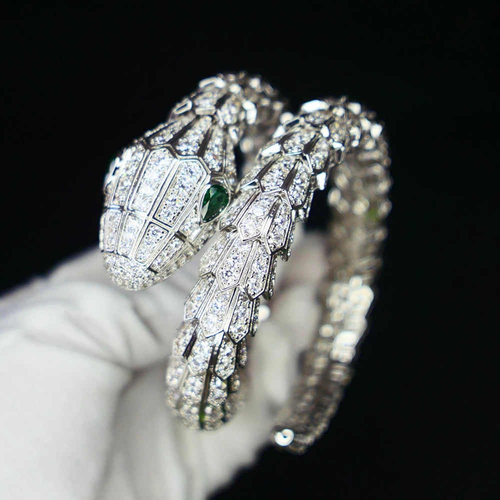 Green Eyes – Luxury Snake Head Cuff Bracelet | Silver Finish with Cubic Zirconia