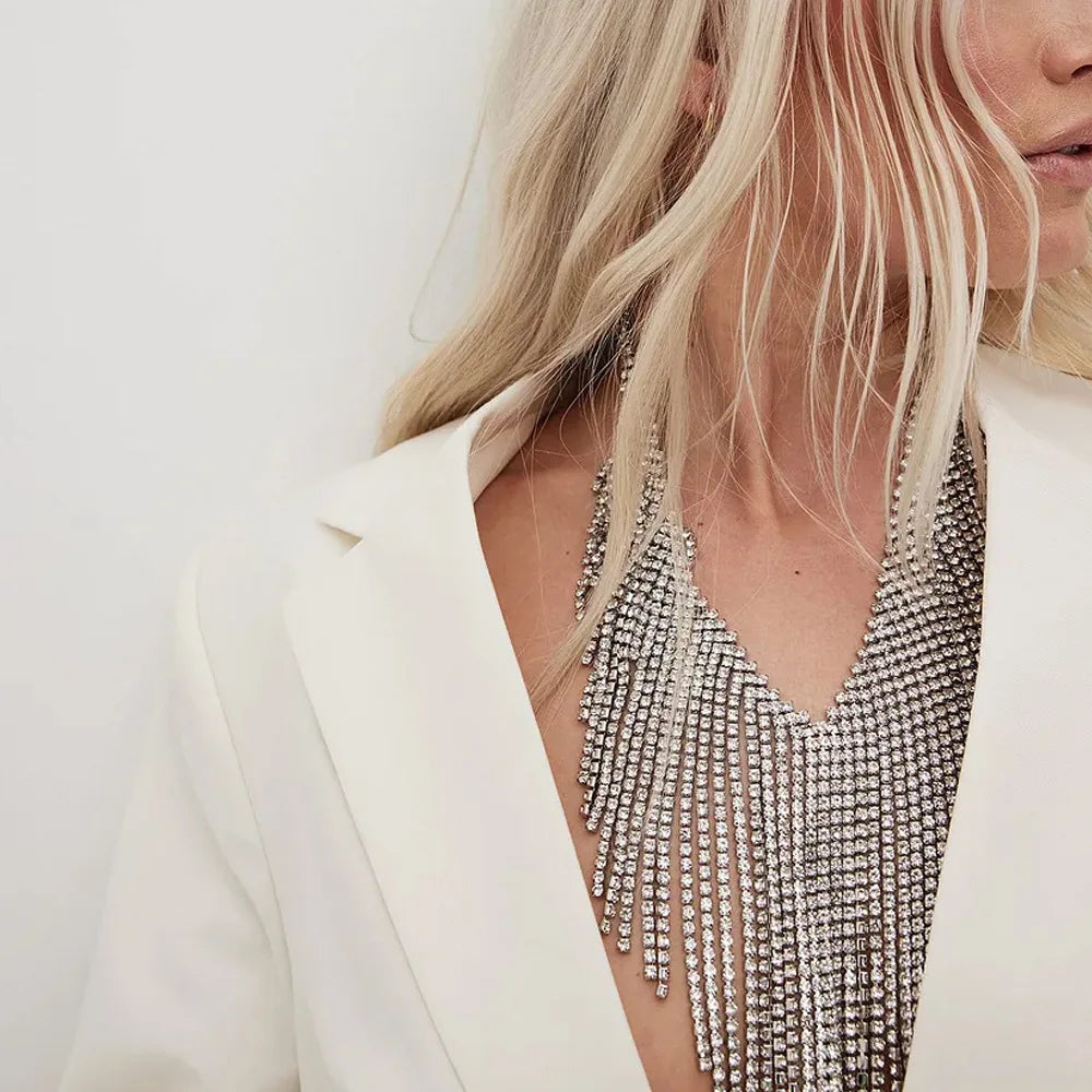 Lunaria Luxe Statement Necklace – Full Rhinestone Waterfall Collar