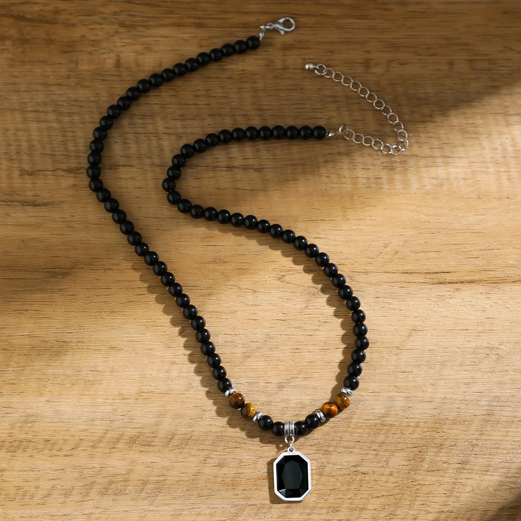 Unisex Black Beaded Necklace with Square Pendant