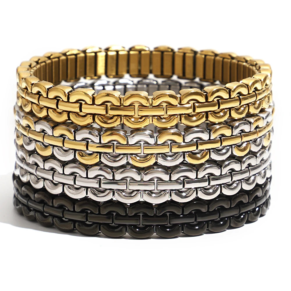 Stainless Steel Semi-Circular Link Bracelet – Two-Tone & Mono-Tone Bangle for Women