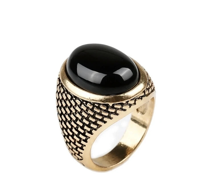 Vintage Black Stone Men’s Ring – Oval Shape, Rhodium-Plated Zinc Alloy, Party & Wedding Band