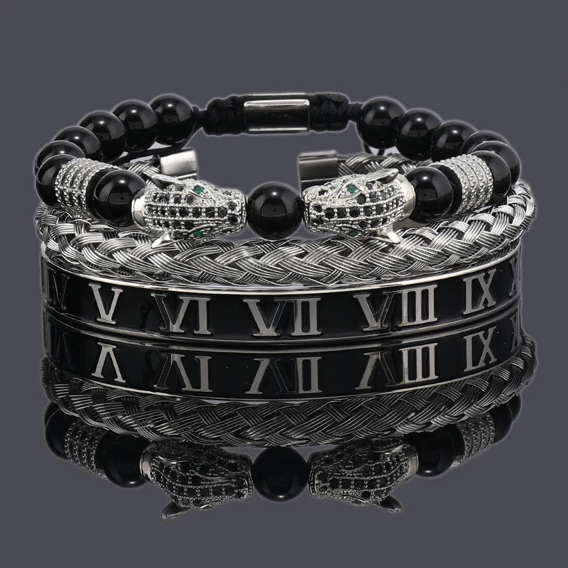 Imperium Bracelet Set – Black Beads, Leopard Head & Roman Numeral Bangles