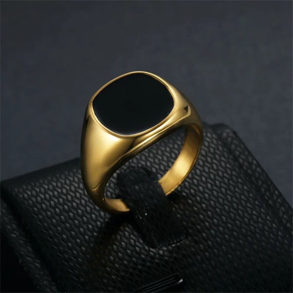 Gold-Tone Square Signet Ring – Black Inlay for Men