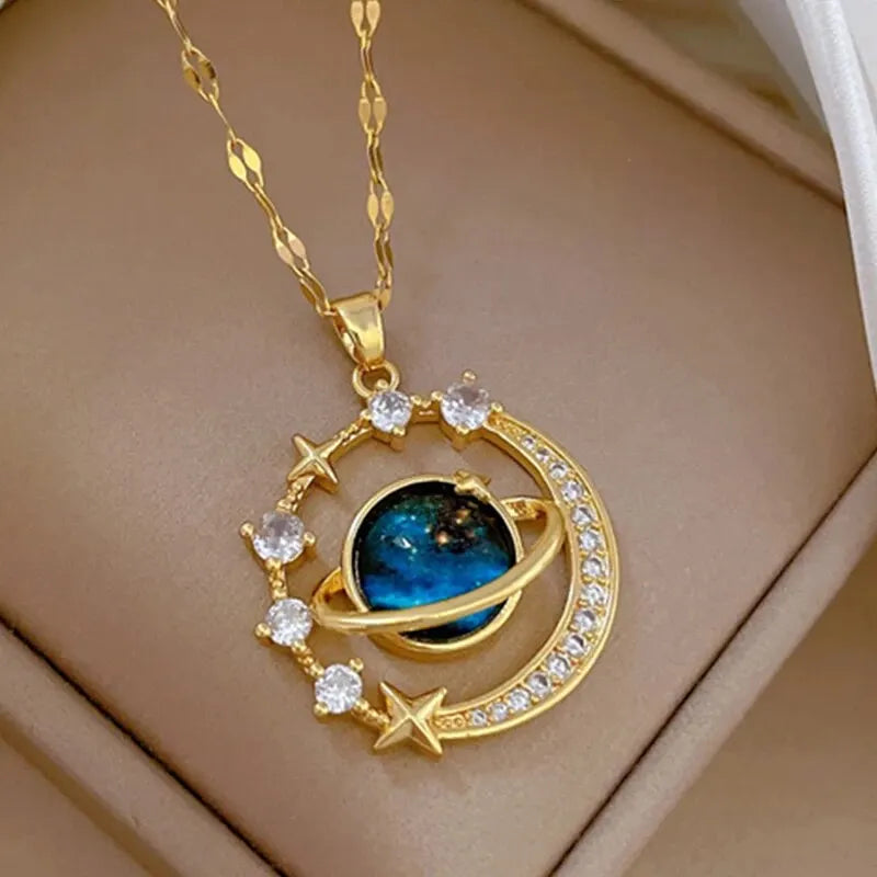 Celestial Planet Moon Pendant Necklace – Gold Titanium Steel,
