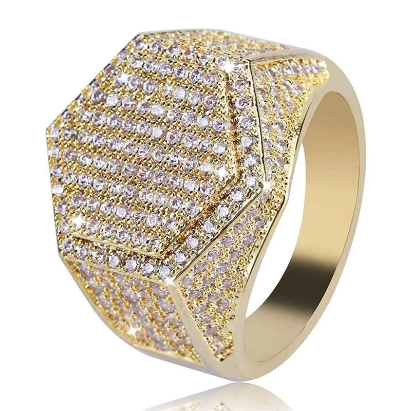 Milangirl Men's Geometric Iced-Out Ring – Gold/Silver Plated with Cubic Zirconia
