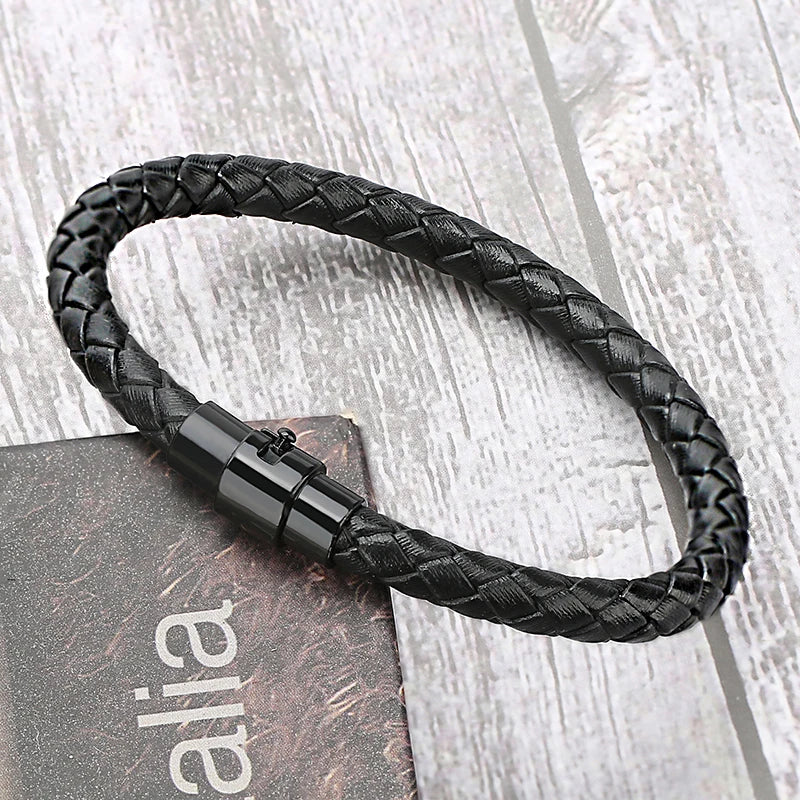 Mirbow Nero Cuff – 6mm Braided Leather Bracelet with Magnetic Clasp