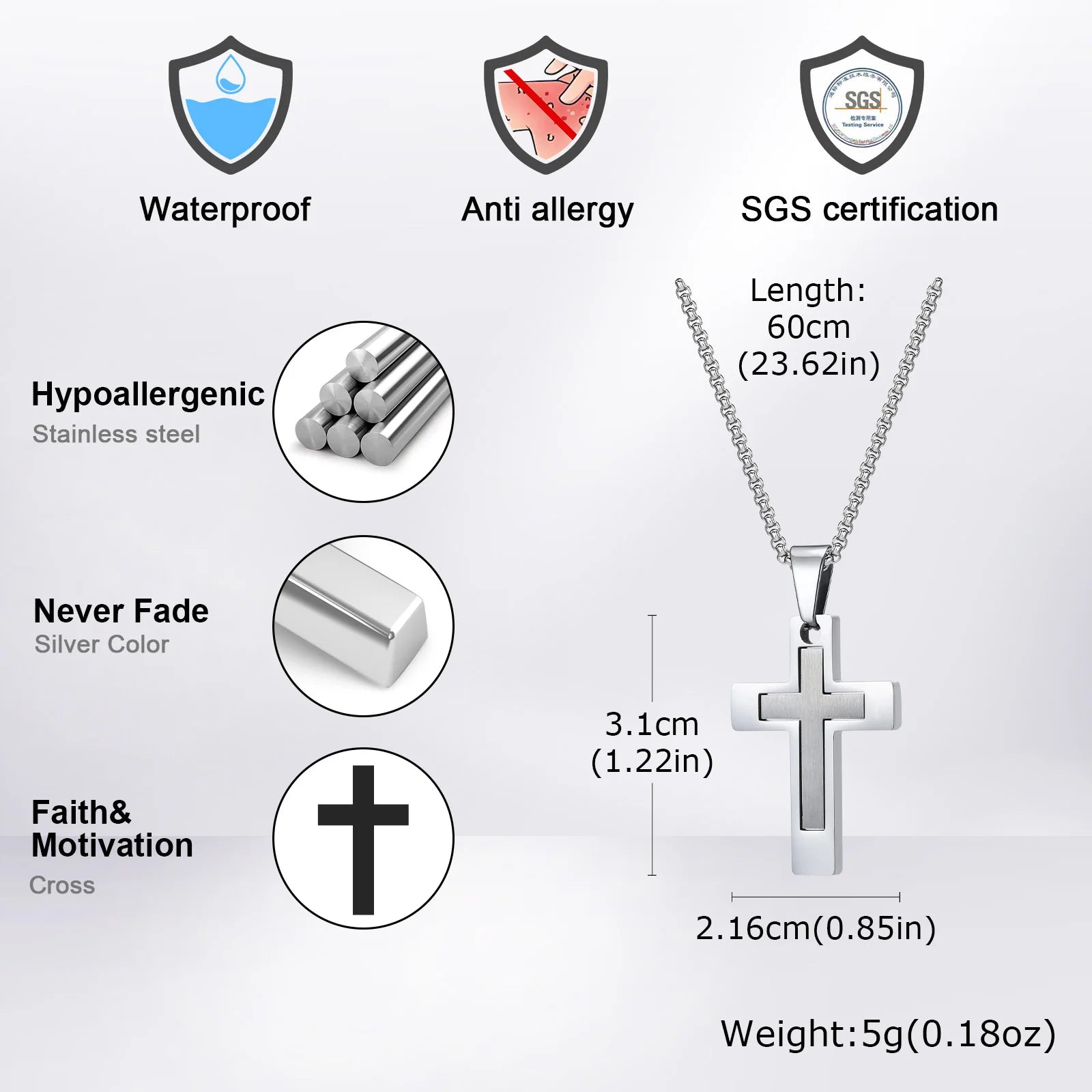 Sanctis Cross Necklace – Silver Stainless Steel Pendant for Men