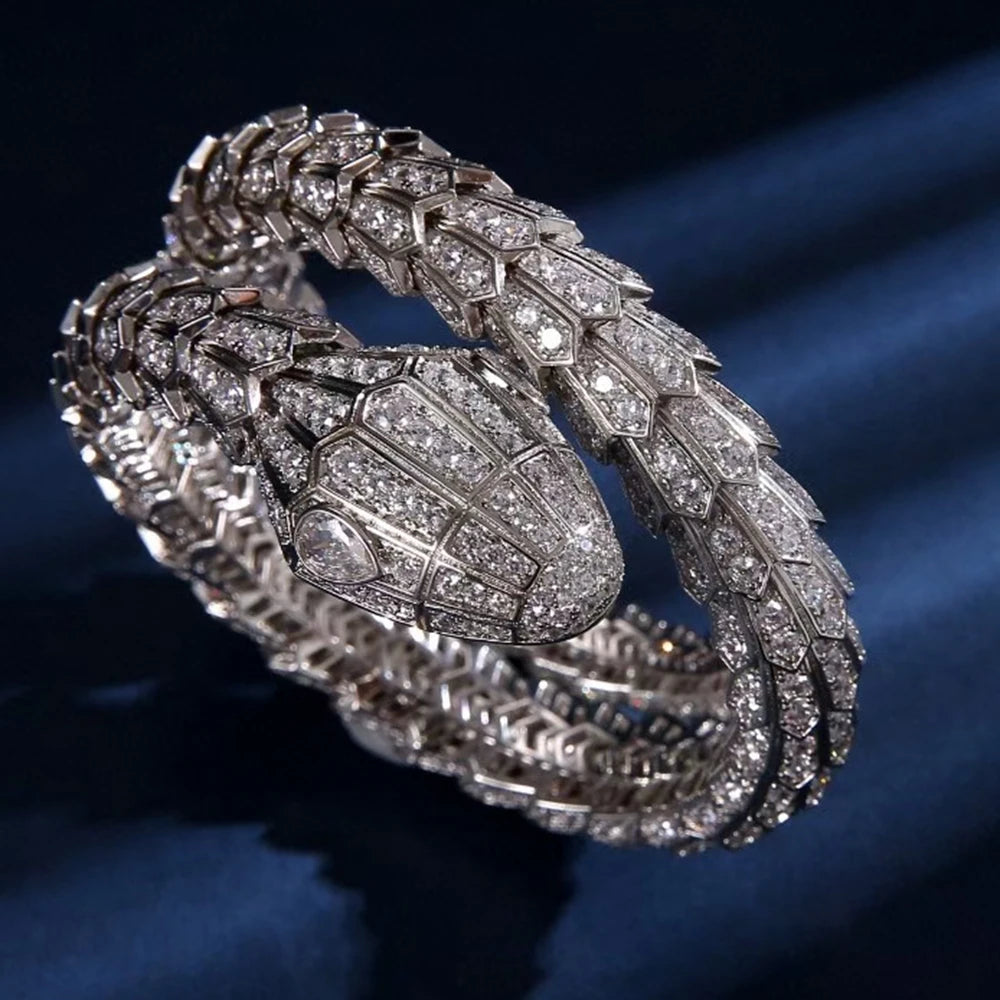 White Eyes - Luxury Snake Head Cuff Bracelet  | Silver Finish with Cubic Zirconia